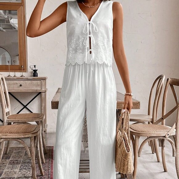 White Casual Women's Solid Color Hollow Out Lace Up Tank Top & Long Pants Set - Picture 5 of 6